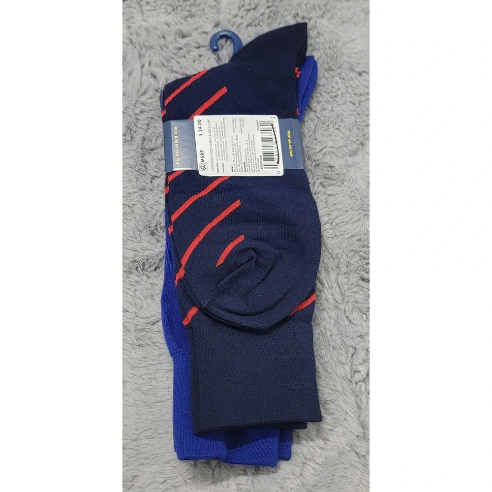 Polo Ralph Lauren Socks Mens 10-13 Blue Stripe Polo Pony Rider Crew 2 Pack